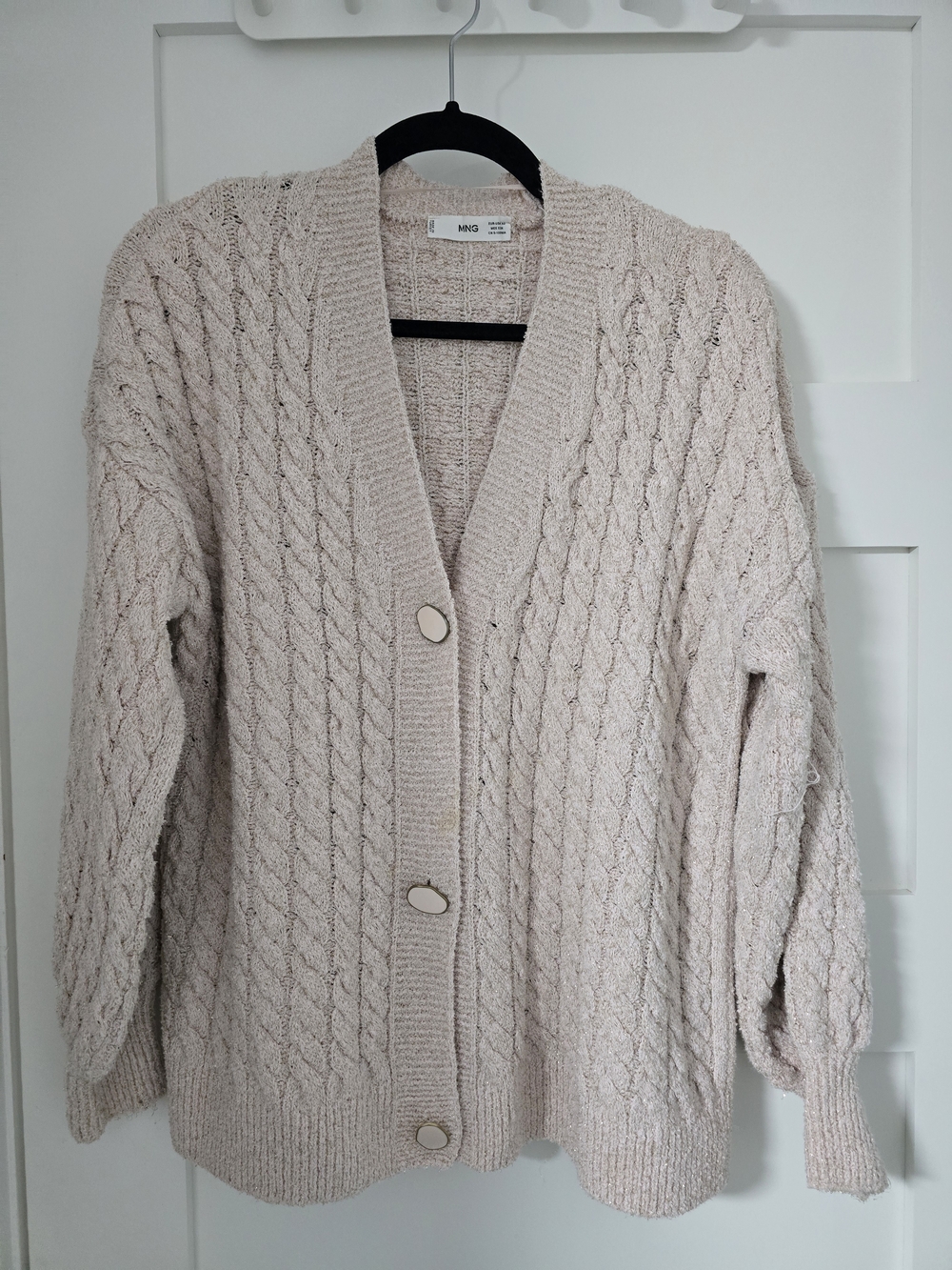 Mango Beige Cable-Knit Button-Front Cardigan
